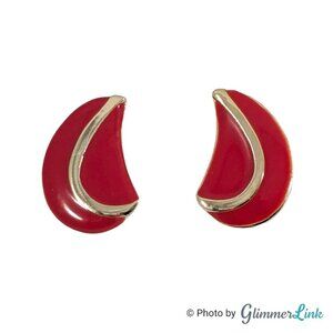 Vintage 80s Crescent Teardrop Red Enamel Gold Tone Clip On Earrings